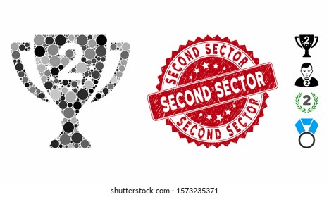 Mosaic second place icon and distressed stamp seal with Second Sector phrase. Mosaic vector is designed with second place icon and with randomized round elements.