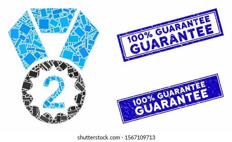 Mosaic second place icon and rectangular stamps. Flat vector second place mosaic icon of scattered rotated rectangular items. Blue caption rubber stamps with rubber textures.