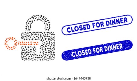 Mosaic secrecy and grunge stamp seals with Closed for Dinner caption. Mosaic vector secrecy is formed with randomized ellipse dots. Closed for Dinner stamp seals use blue color,