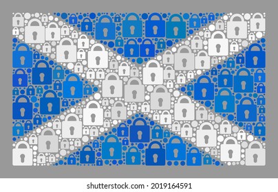 Mosaic secrecy Scotland flag designed with lock icons. Vector collage rectangular Scotland flag done for secured applications. Designed for political and patriotic applications.
