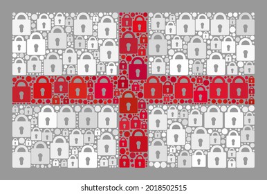 Mosaic secret England flag designed with lock items. Vector collage rectangular England flag designed for administration advertisement. Designed for political and patriotic proclamations.