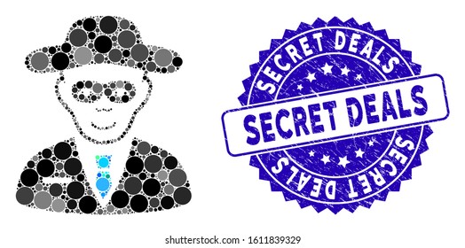 Mosaic security agent icon and corroded stamp seal with Secret Deals phrase. Mosaic vector is composed from security agent icon and with scattered spheric items.