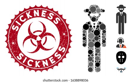 Mosaic security agent icon and rubber stamp seal with Sickness text and biohazard symbol. Mosaic vector is composed with security agent icon and with scattered spheric elements.