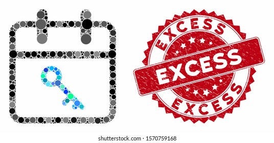 Mosaic security day and corroded stamp seal with Excess caption. Mosaic vector is composed from security day icon and with random round elements. Excess stamp seal uses red color, and dirty surface.