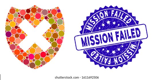 Mosaic security shield fail icon and grunge stamp seal with Mission Failed text. Mosaic vector is created with security shield fail icon and with randomized circle spots.