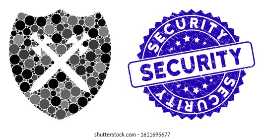 Mosaic security shield icon and corroded stamp watermark with Security phrase. Mosaic vector is composed with security shield icon and with scattered circle items. Security stamp seal uses blue color,