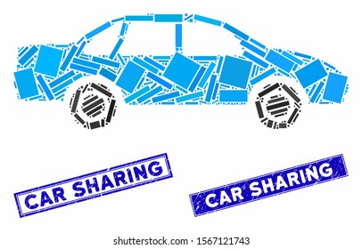 Mosaic sedan car icon and rectangular seal stamps. Flat vector sedan car mosaic icon of random rotated rectangular elements. Blue caption rubber stamps with grunge textures.