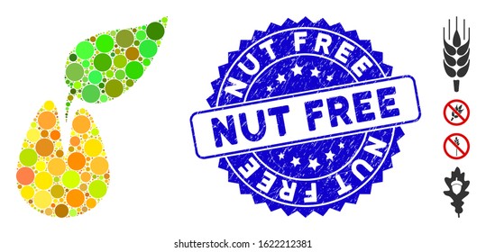 Mosaic seed icon and grunge stamp seal with Nut Free caption. Mosaic vector is composed with seed icon and with randomized round spots. Nut Free stamp seal uses blue color, and grunged design.