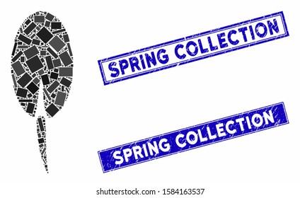 Mosaic seed root pictogram and rectangular Spring Collection seal stamps. Flat vector seed root mosaic pictogram of randomized rotated rectangular elements.