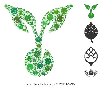 Mosaic seed sprout united from flu virus elements in variable sizes and color hues. Vector infection elements are combined into abstract mosaic seed sprout icon. Some bonus icons are added.