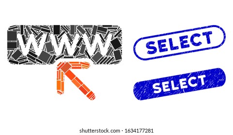 Mosaic select website and grunge stamp seals with Select phrase. Mosaic vector select website is formed with scattered rectangle items. Select seals use blue color, and have round rectangle shape.