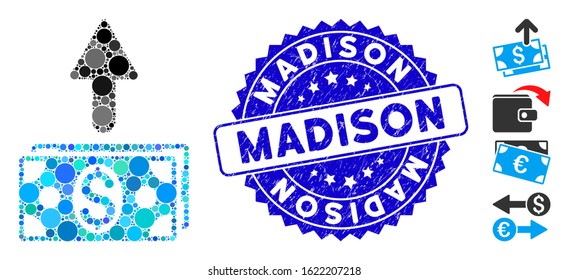 Mosaic send banknotes icon and rubber stamp seal with Madison phrase. Mosaic vector is created with send banknotes icon and with random round elements. Madison stamp seal uses blue color,