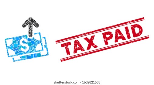 Mosaic send banknotes pictogram and red Tax Paid seal stamp between double parallel lines. Flat vector send banknotes mosaic pictogram of scattered rotated rectangle items.