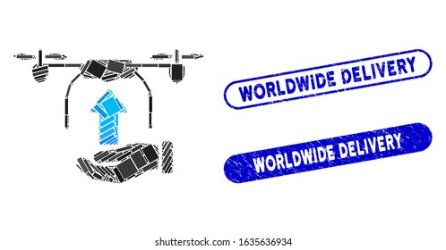 Mosaic send drone hand and grunge stamp seals with Worldwide Delivery caption. Mosaic vector send drone hand is composed with scattered rectangle items. Worldwide Delivery seals use blue color,