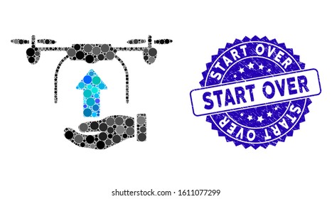 Mosaic send drone hand icon and rubber stamp seal with Start Over caption. Mosaic vector is designed with send drone hand pictogram and with scattered spheric spots.