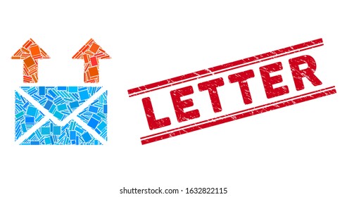Mosaic send mail pictogram and red Letter seal stamp between double parallel lines. Flat vector send mail mosaic pictogram of random rotated rectangular items.