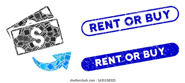 Mosaic send money and rubber stamp seals with Rent or Buy caption. Mosaic vector send money is formed with scattered rectangle items. Rent or Buy stamp seals use blue color,