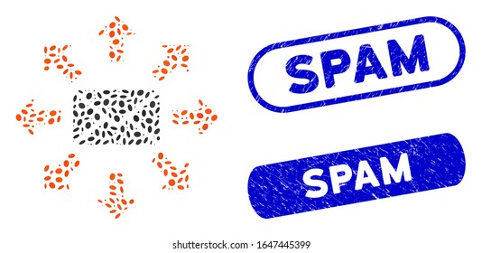 Mosaic send spam and distressed stamp seals with Spam phrase. Mosaic vector send spam is created with randomized ellipse pieces. Spam stamp seals use blue color, and have round rectangle shape.