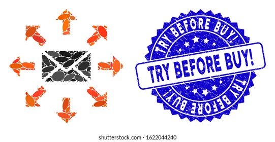 Mosaic send spam icon and distressed stamp seal with Try Before Buy! text. Mosaic vector is composed with send spam icon and with random ellipse elements. Try Before Buy! stamp seal uses blue color,