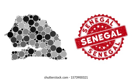 Mosaic Senegal map and circle watermark. Flat vector Senegal map mosaic of random circle items. Red rubber stamp with rubber surface. Designed for political and patriotic purposes.
