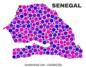 Mosaic Senegal map isolated on a white background. Vector geographic abstraction in pink and violet colors. Mosaic of Senegal map combined of scattered circle elements.