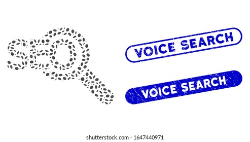 Mosaic seo tool and distressed stamp watermarks with Voice Search caption. Mosaic vector seo tool is designed with random elliptic parts. Voice Search stamp seals use blue color,