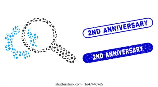 Mosaic seo tools and corroded stamp seals with 2Nd Anniversary phrase. Mosaic vector seo tools is formed with scattered elliptic spots. 2Nd Anniversary stamp seals use blue color,