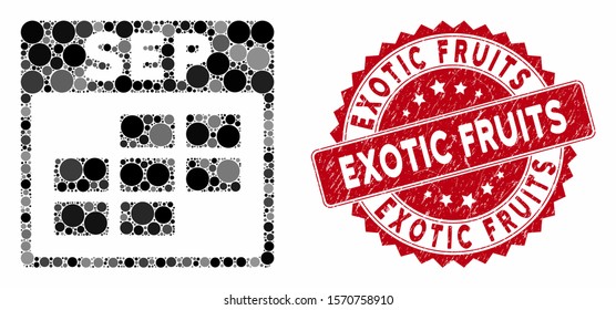 Mosaic September calendar grid and corroded stamp seal with Exotic Fruits caption. Mosaic vector is created with September calendar grid icon and with randomized round items.