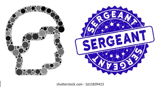 Mosaic sergeant head icon and grunge stamp seal with Sergeant text. Mosaic vector is created with sergeant head icon and with scattered circle items. Sergeant stamp seal uses blue color,