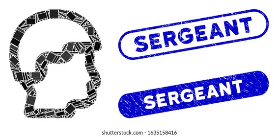 Mosaic sergeant head and rubber stamp seals with Sergeant caption. Mosaic vector sergeant head is designed with randomized rectangle items. Sergeant stamp seals use blue color,