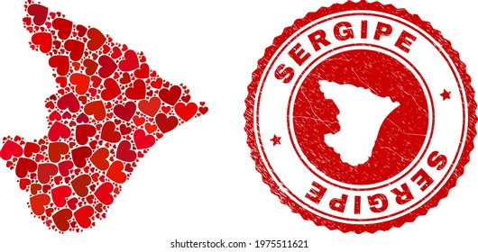 Mosaic Sergipe State map formed with red love hearts, and dirty seal stamp. Vector lovely round red rubber seal stamp imitation with Sergipe State map inside.