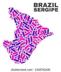 Mosaic Sergipe State map isolated on a white background. Vector geographic abstraction in pink and violet colors. Mosaic of Sergipe State map combined of random round points and lines.