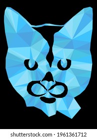 Mosaic of serious cat in blue hues isolated on the black background, decoration on glass