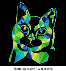 Mosaic of serious cat in green, blue and yellow hues isolated on the black background, decoration on glass