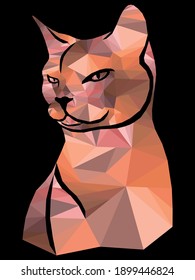 Mosaik einer schweren Katze in gedämpften Orange-, Braun- und Magentatönen einzeln auf schwarzem Hintergrund, Dekoration auf Glas