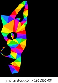 Mosaic of serious cat muzzle in bright colors isolated on the black background, decoration on glass