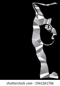 Mosaic of serious cat muzzle in monochrome colors isolated on the black background, decoration on glass