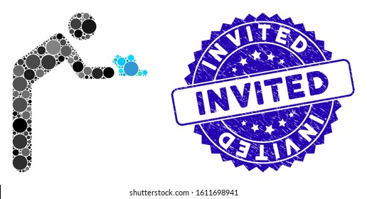 Mosaic servant person icon and distressed stamp seal with Invited caption. Mosaic vector is designed with servant person icon and with scattered round elements. Invited stamp seal uses blue color,