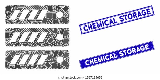 Mosaic server pictogram and rectangle watermarks. Flat vector server mosaic pictogram of random rotated rectangle elements. Blue caption watermarks with grunge surface.