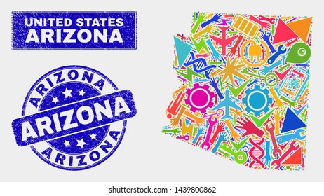 Mosaic service Arizona State map and Arizona watermark. Arizona State map collage created with scattered colorful equipment, hands, service items. Blue round Arizona watermark with scratched texture.