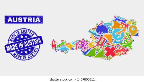 Mosaic service Austria map and Made in Austria seal. Austria map collage composed with random bright equipment, hands, service elements. Blue round Made in Austria stamp with scratched texture.