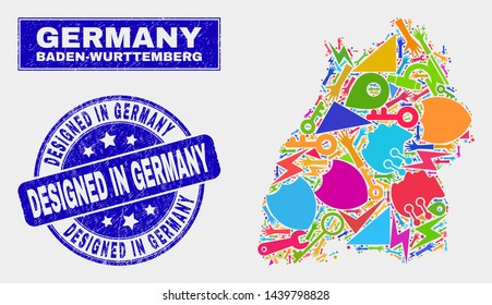 Mosaic service Baden-Wurttemberg Land map and Designed in Germany seal stamp. Baden-Wurttemberg Land map collage designed with randomized colored equipment, palms, industrial items.