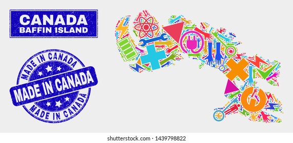Mosaic service Baffin Island map and Made in Canada seal stamp. Baffin Island map collage formed with random bright tools, hands, industrial items.