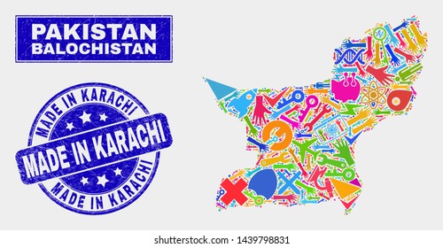 Mosaic service Balochistan Province map and Made in Karachi seal stamp. Balochistan Province map collage created with random colored tools, palms, production elements.