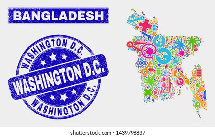 Mosaic service Bangladesh map and Washington D.C. seal. Bangladesh map collage formed with randomized bright equipment, palms, service icons. Blue round Washington D.C.