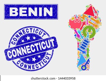 Mosaic service Benin map and Connecticut seal stamp. Benin map collage formed with scattered colorful tools, hands, industrial items. Blue rounded Connecticut stamp with unclean texture.