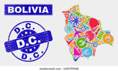 Mosaic service Bolivia map and D.C. seal stamp. Bolivia map collage constructed with scattered bright tools, palms, service items. Blue rounded D.C. stamp with scratched texture.