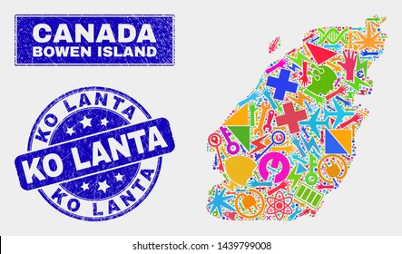 Mosaic service Bowen Island map and Ko Lanta seal stamp. Bowen Island map collage constructed with random bright tools, palms, industry symbols. Blue rounded Ko Lanta stamp with distress texture.