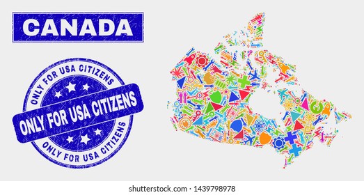 Mosaic service Canada map and Only for USA Citizens seal stamp. Canada map collage formed with scattered colorful tools, palms, service elements.