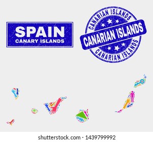 Mosaic service Canary Islands map and Canarian Islands stamp. Canary Islands map collage made with randomized colored equipment, hands, service elements.
